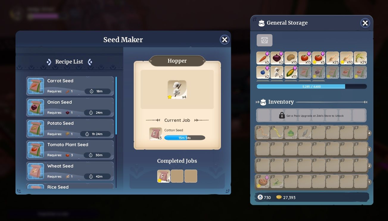 Player character in the Seed Maker inventory and converting star-quality Cotton into star-quality Cotton Seeds in Palia.