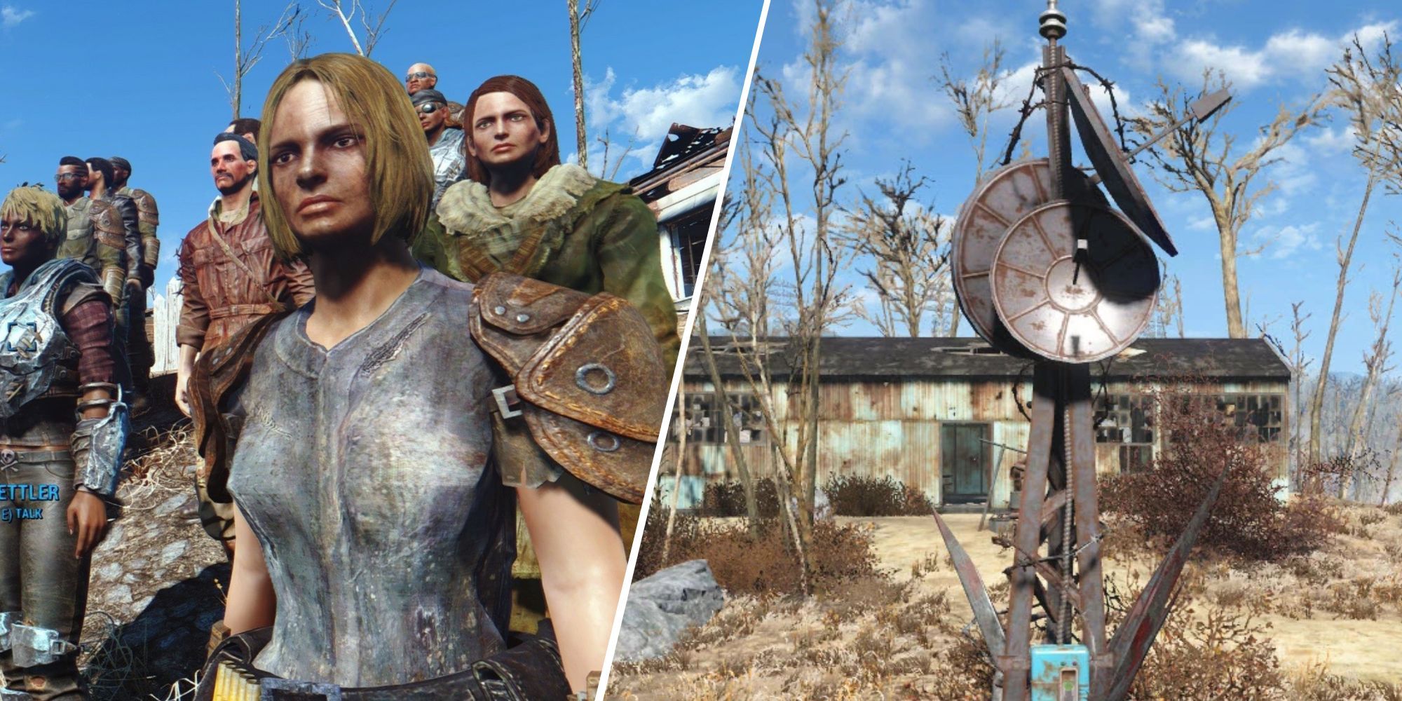 Split Image of settlers in fallout 4 and a recruitment beacon
