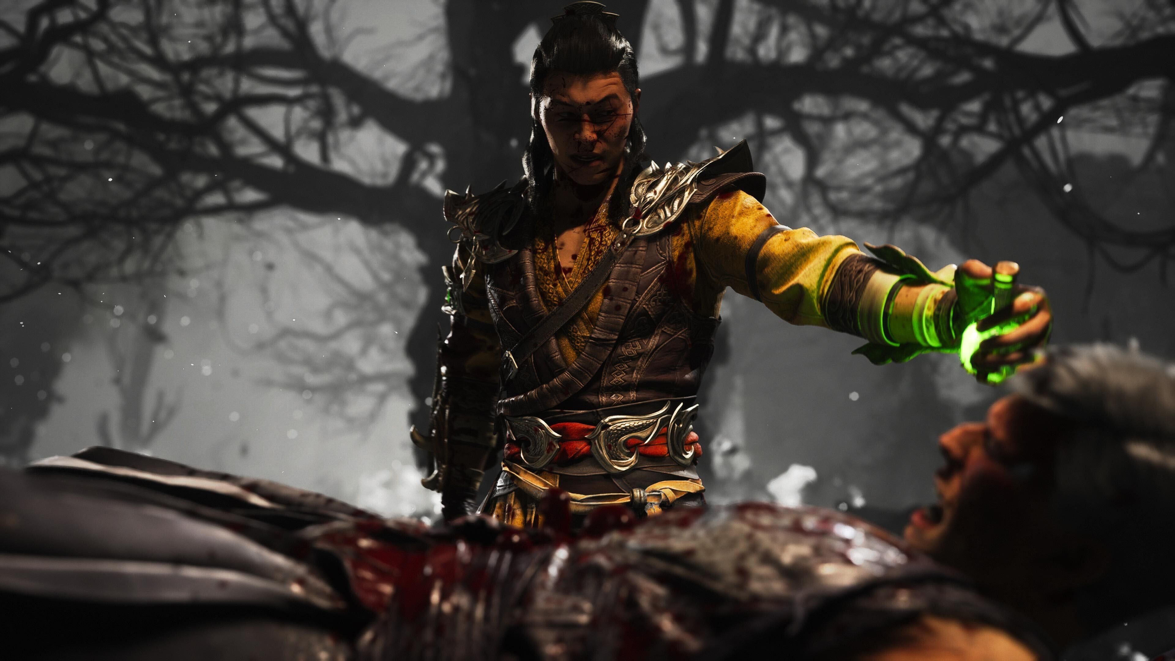 Shang Tsung pouring liquid in an opponent's belly in Mortal Kombat 1.
