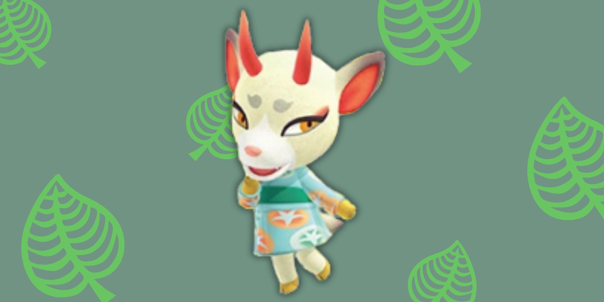 Shino from Animal Crossing in front of leaf-patterned backdrop