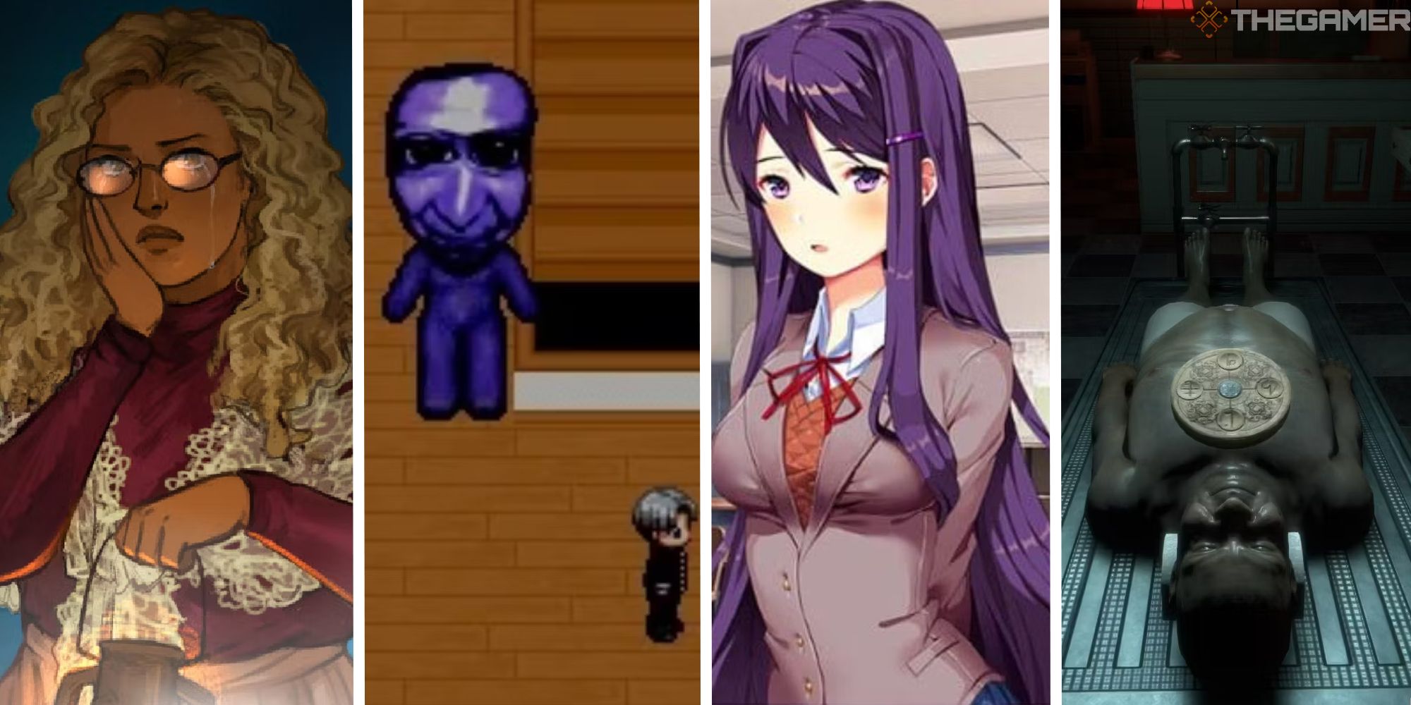 split image showing lake of voices, ao oni, doki doki literature club, and the mortuary assisstant
