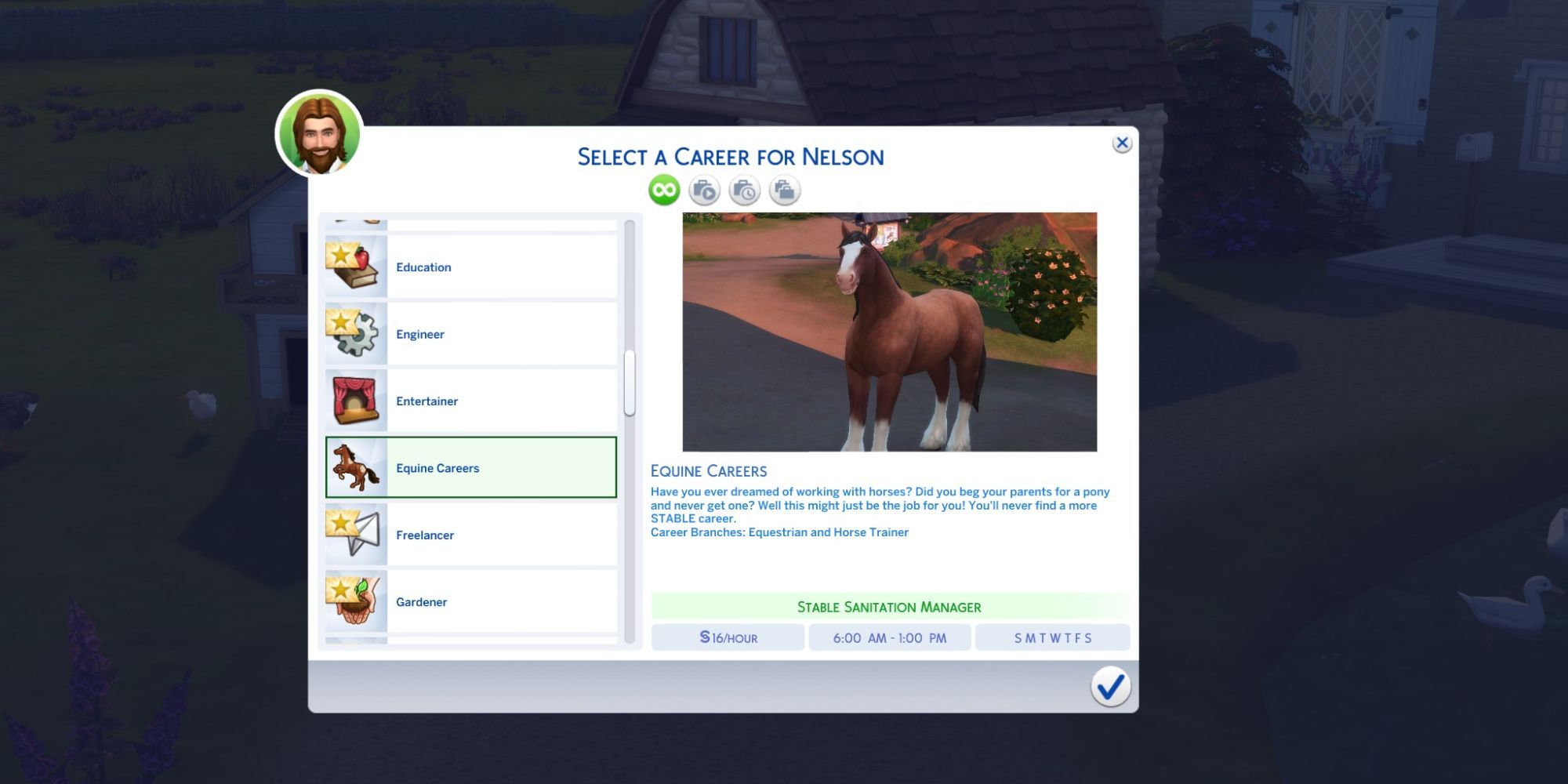 Career Panel in The Sims 4, select the Equine Career