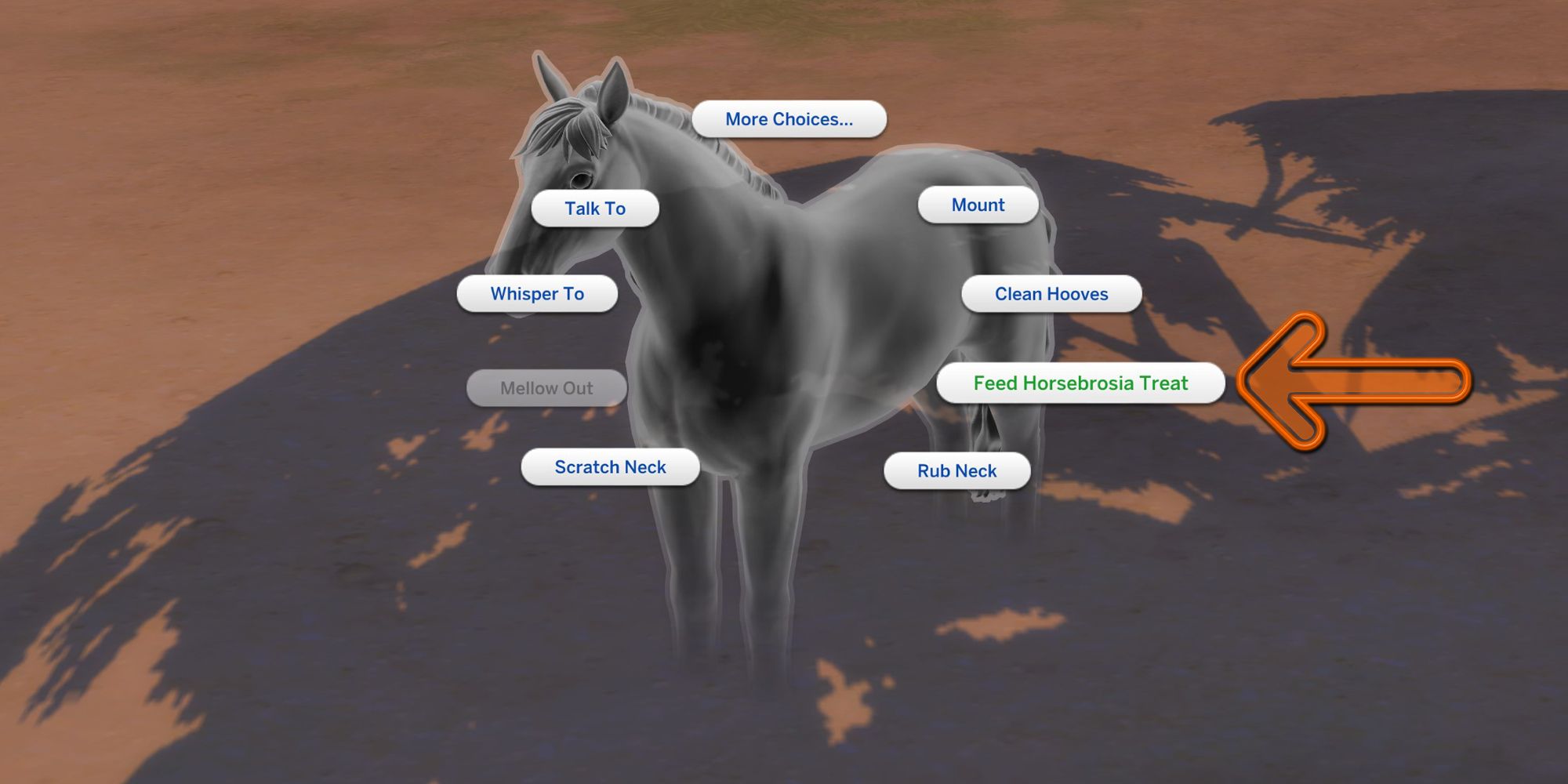 A ghost horse in The Sims 4. An arrow is pointing out the "Feed Horsebrosia Treat" option.