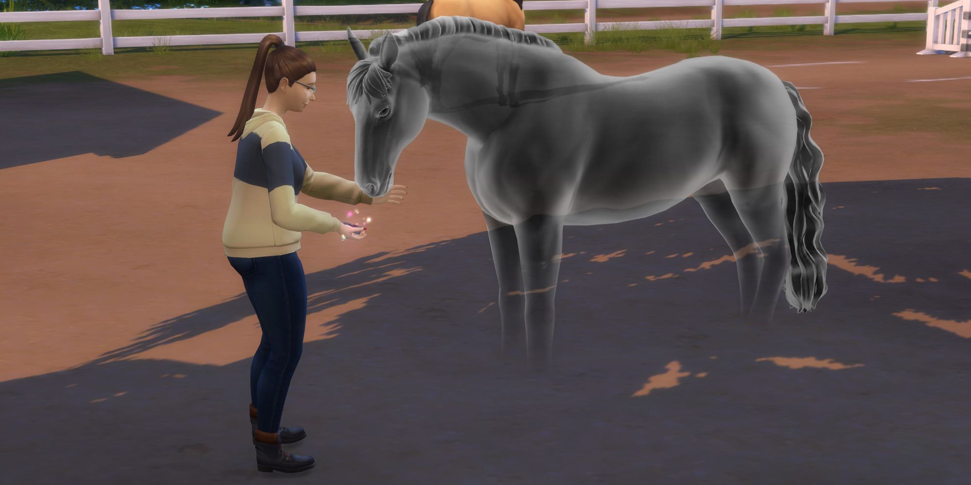 A sim feeding a ghost horse horsebrosia in The Sims 4