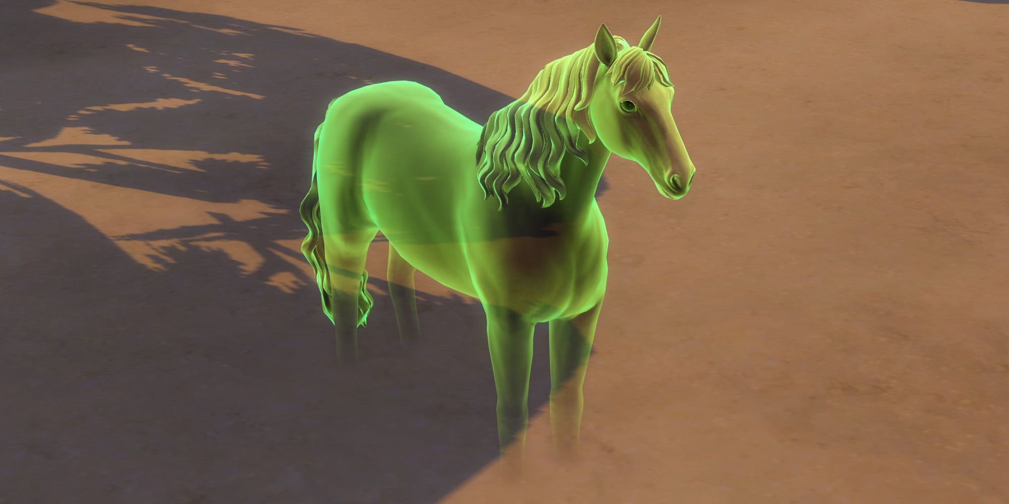 A green ghost horse in The Sims 4