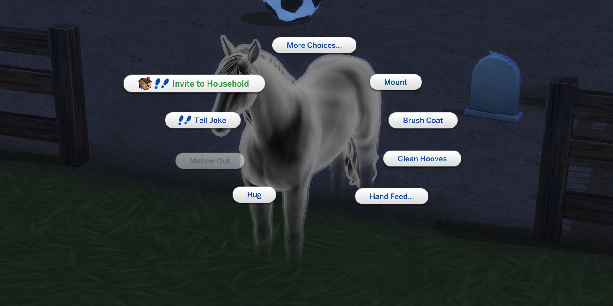 A Sims 4 ghost horse's option menu, highlighting "Invite to Household"