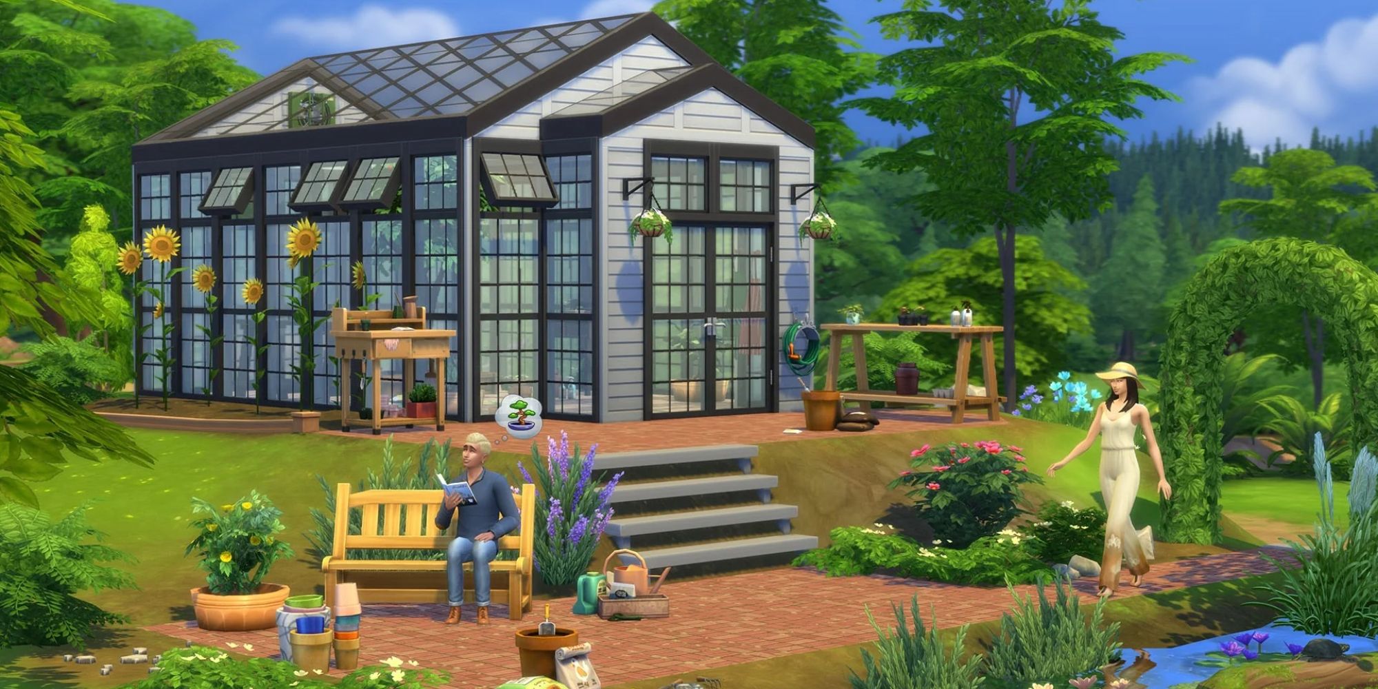An image of a large greenhouse from Sims 4. These glass buildings can be used to fill extra space in a large backyard.