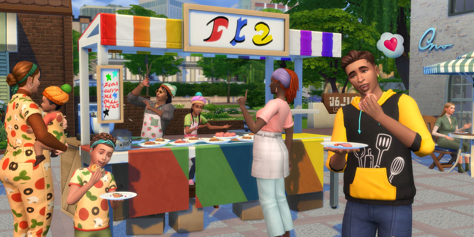 A Sim easting food from a food stall in The Sims 4 Home Chef Hustle.