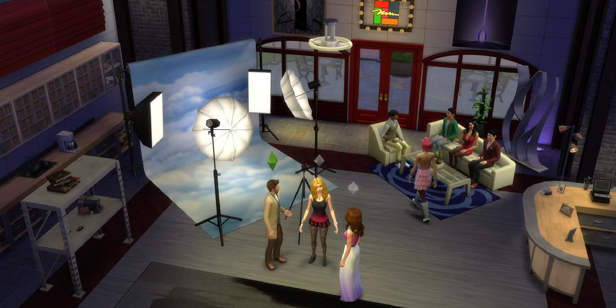 Sims 4 photo studio showing the Sims inside talking.