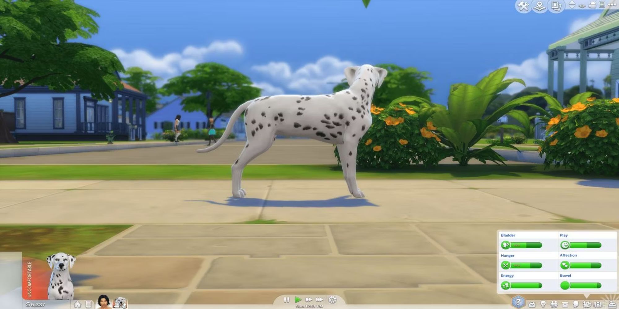 Playable Dalmatian dog and its needs panel in The Sims 4