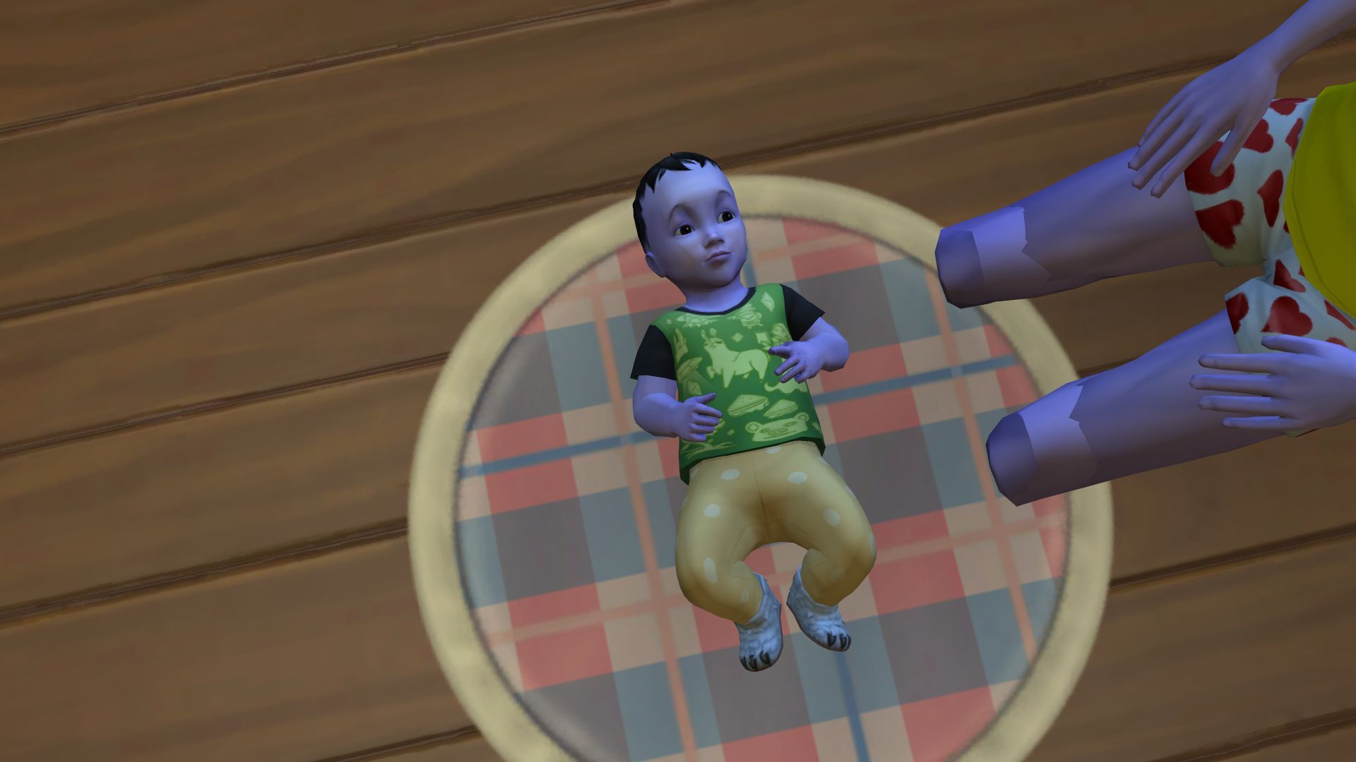 An alien hybrid baby from Sims 4, with purple skin and dark hair.