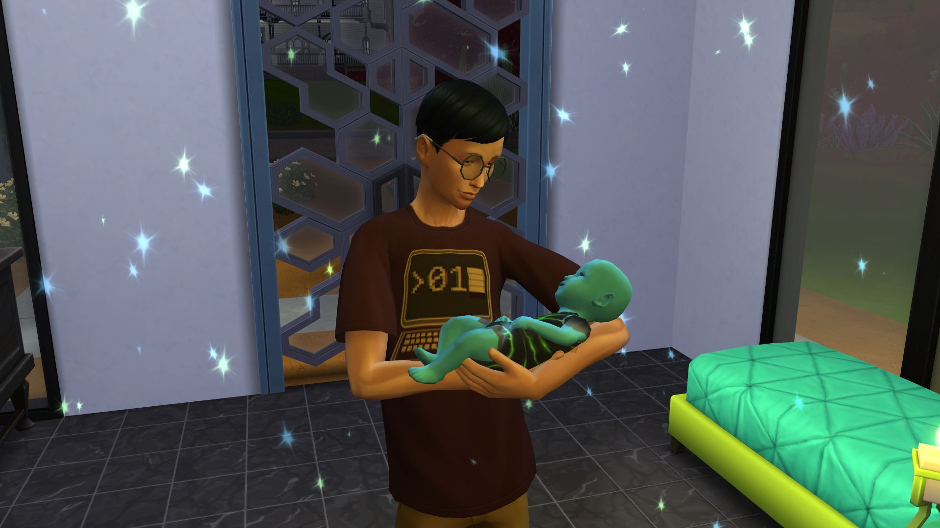 An image of a Sim from The Sims 4 holding an alien baby.