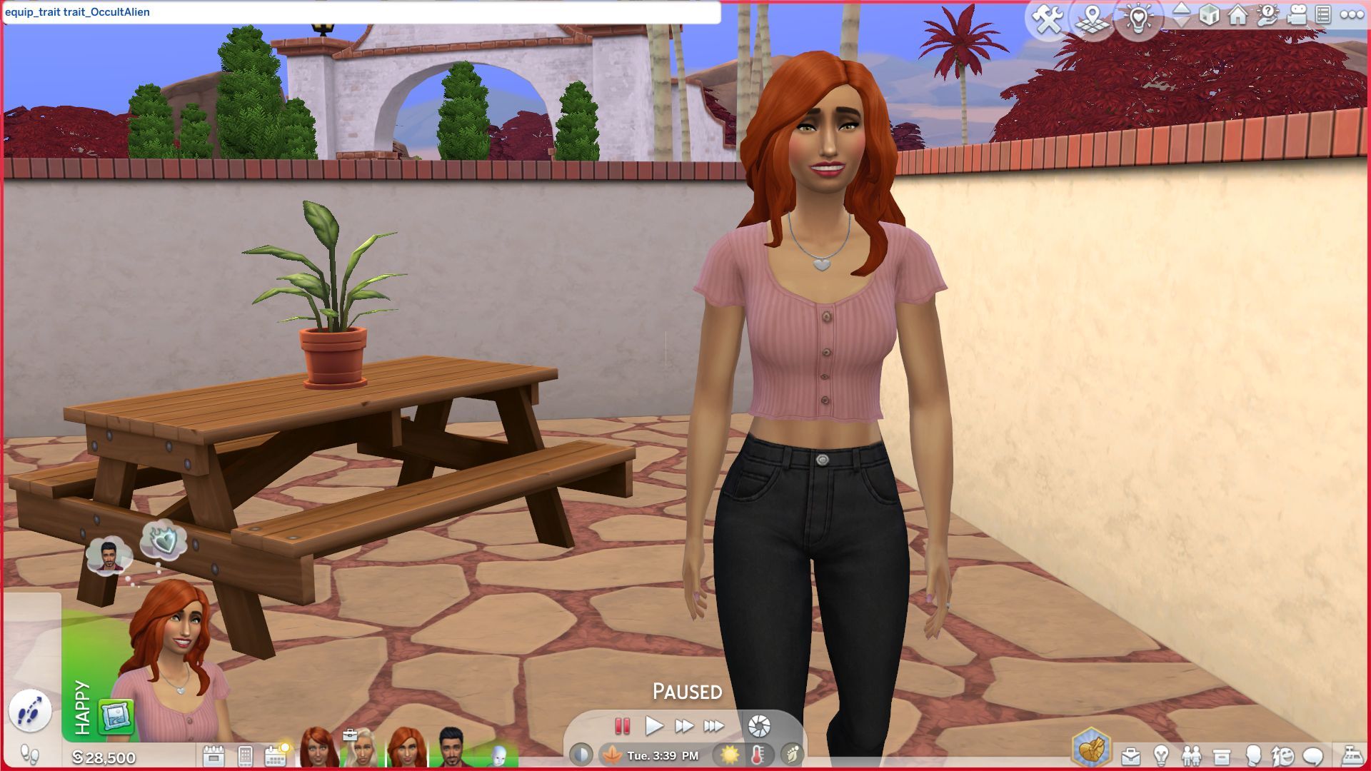 An image of Nina Caliente from Sims 4, with the cheat console overhead and the cheat to make your sim an alien typed in.