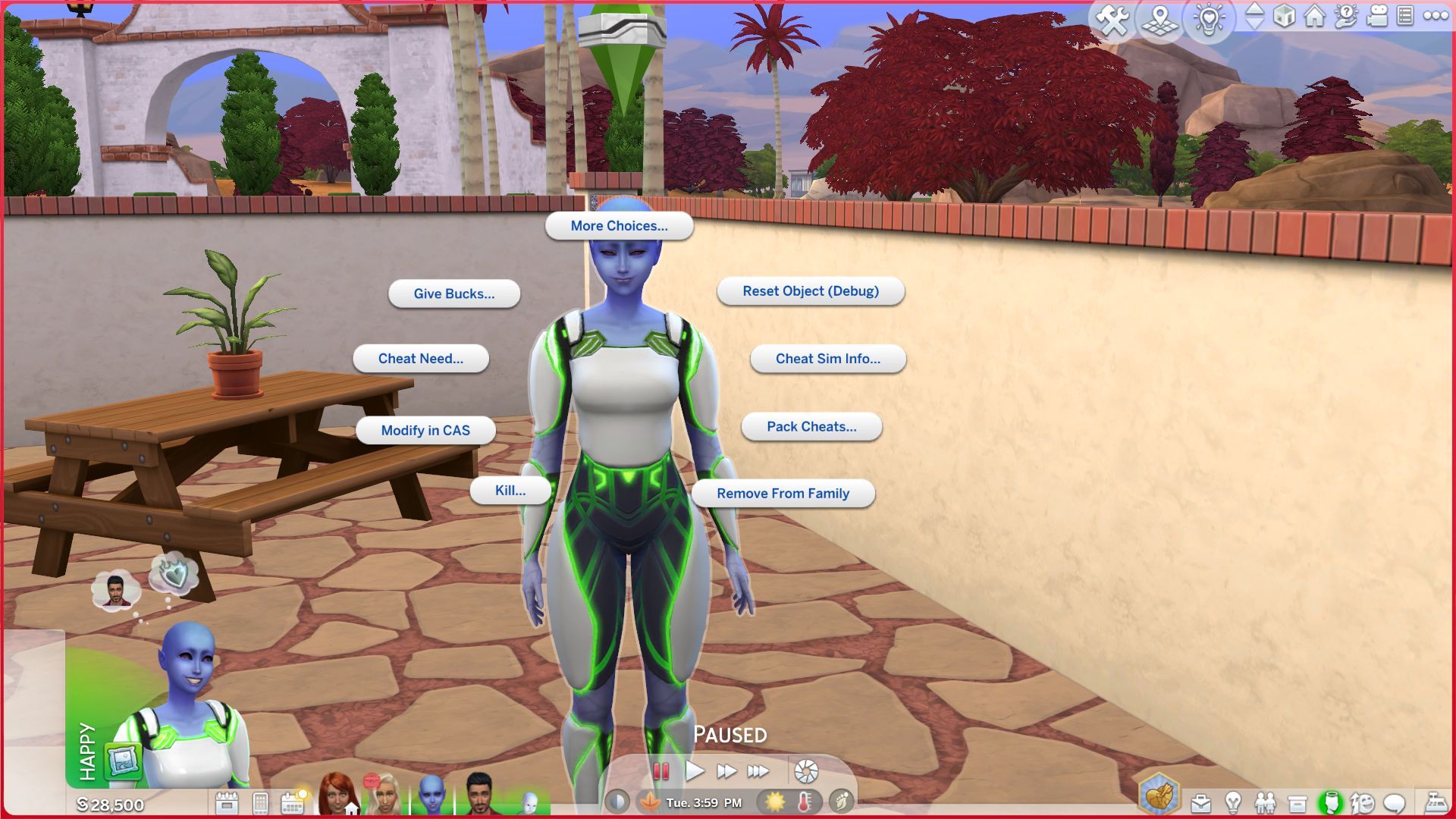 An image of the testingcheats menu surrounding an alien version of Nina Caliente from Sims 4.