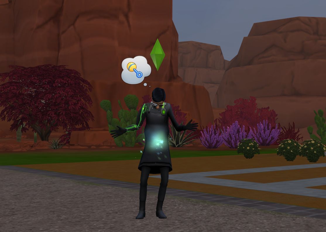 An image of a sim in the scientist career outfit whose stomach is glowing.