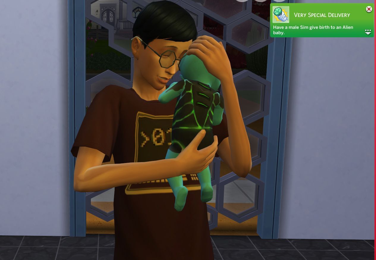 An image of a Sim from the Sims 4 holding an alien baby, with the achievement popup for having an alien baby in one corner.