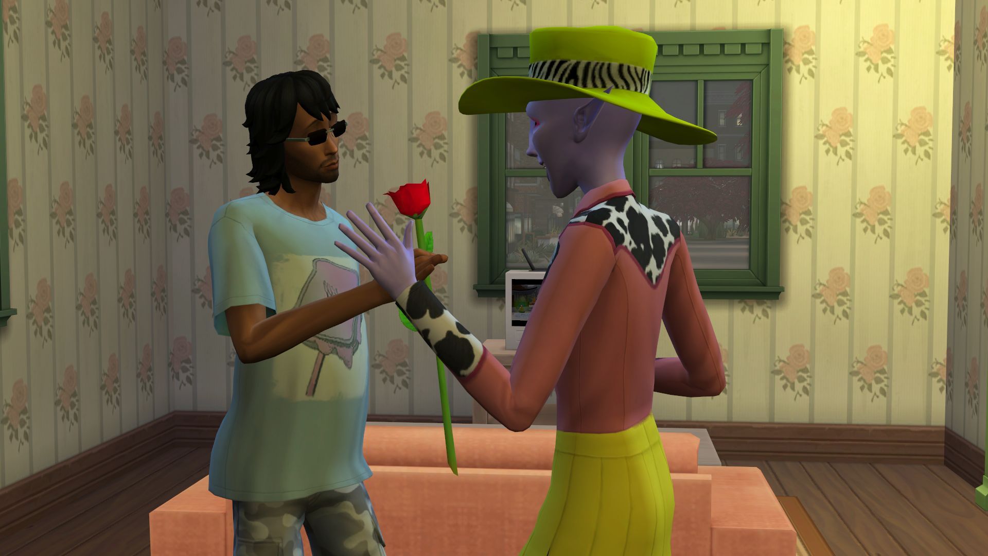 A Sim offering a rose to an alien Sim.