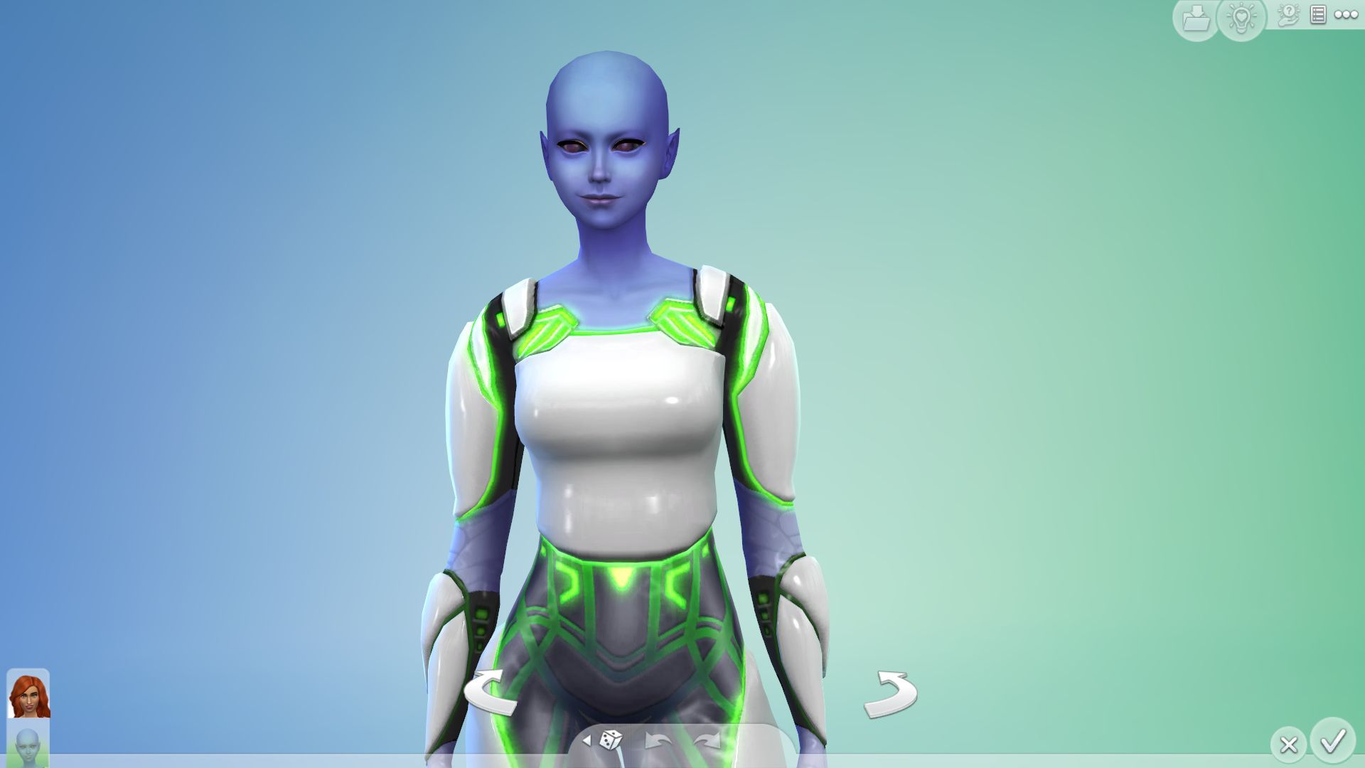 An alien sim in CAS, showing that Nina Caliente is now an alien.