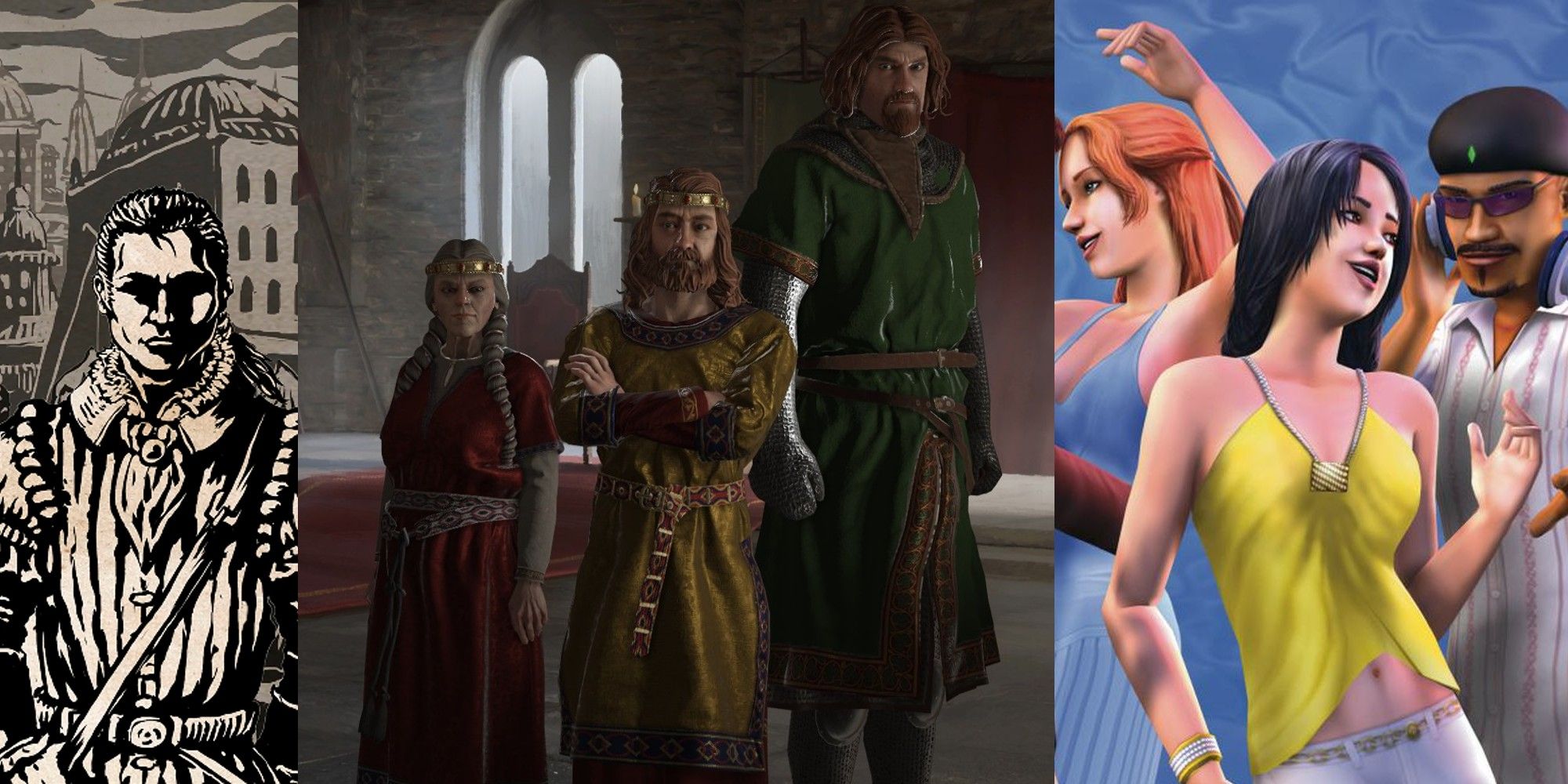 Collage image of Sir Brante, a noble family in Crusader Kings, and Random Sims.