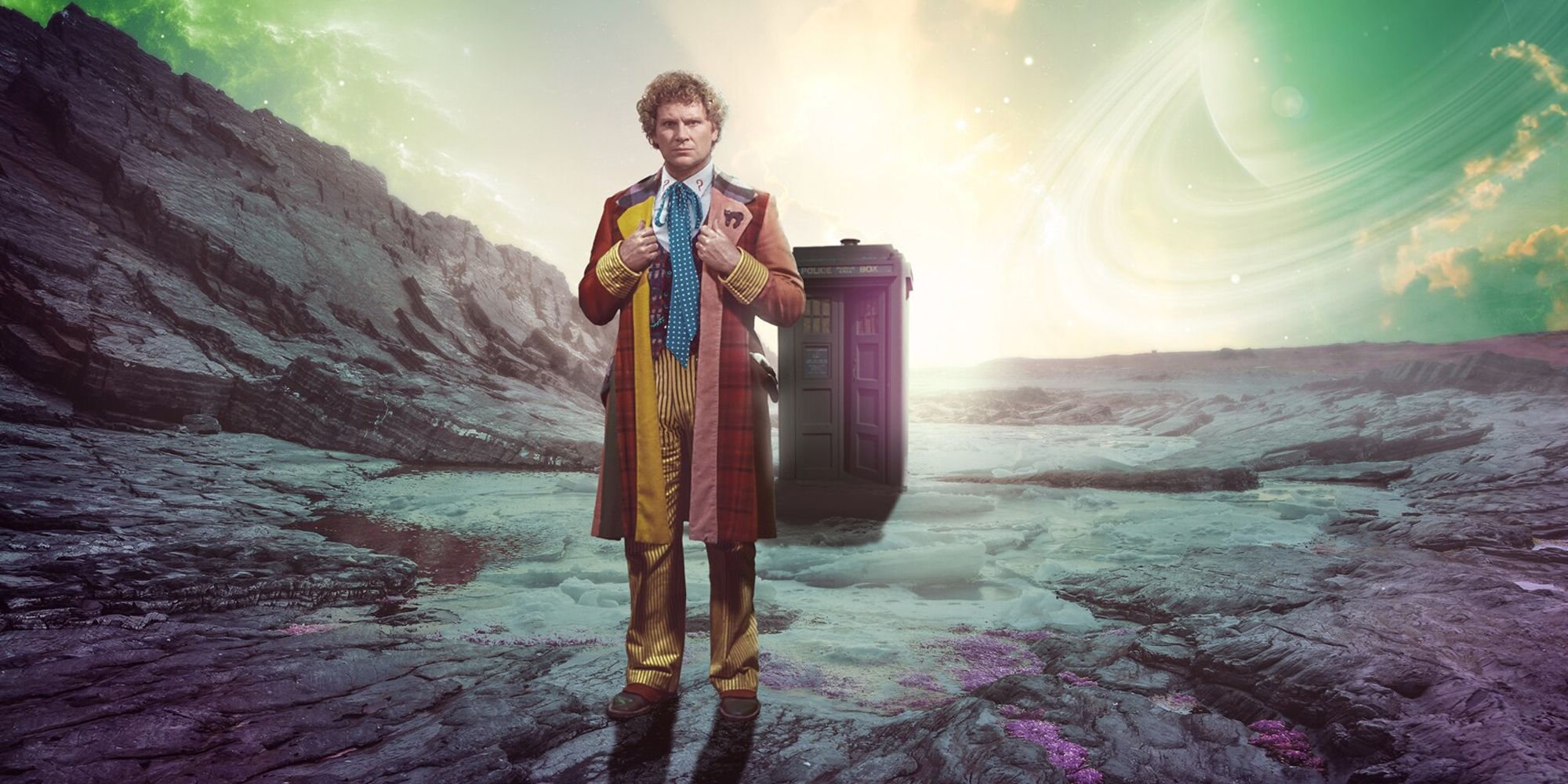 Sixth Doctor in front of his Tardis on a rocky planet with a green sky