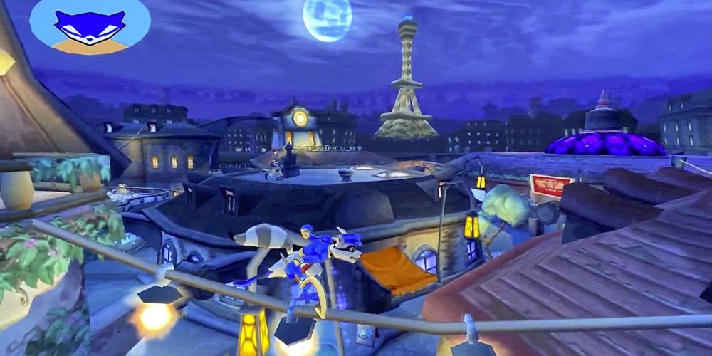 Sly 2 Sly Cooper running on rooftops at night