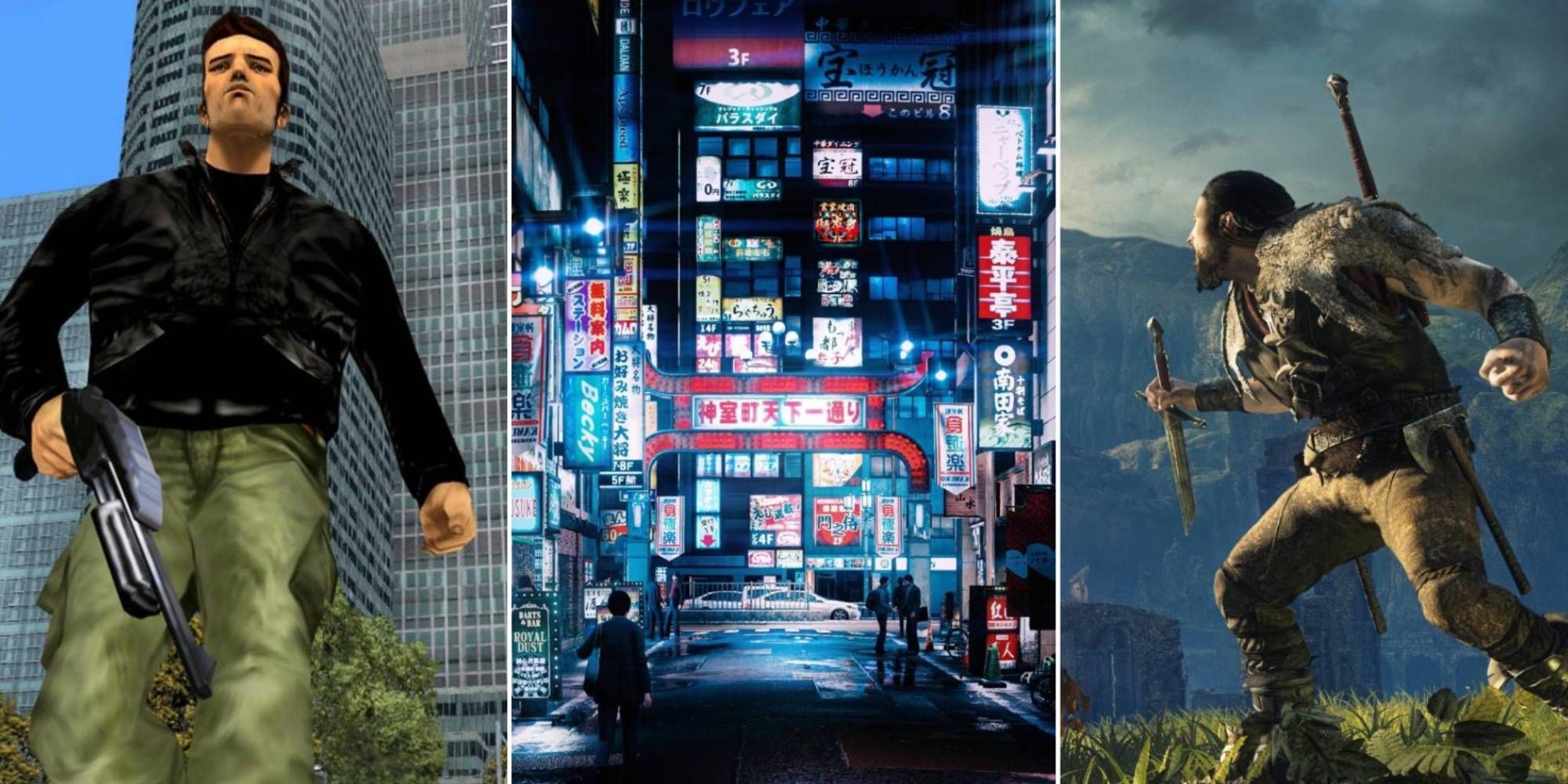 Eine Collage aus Bildern mit Claude aus GTA 3, Kamurocho aus Yakuza und Talion aus Shadow of Mordor