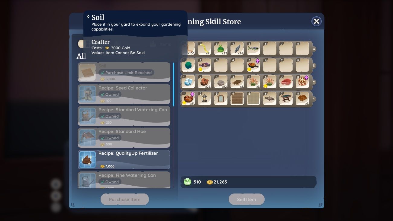 Player character in Badruu's Gardening Guild Store inventory and showing purchased soil plots in Palia.