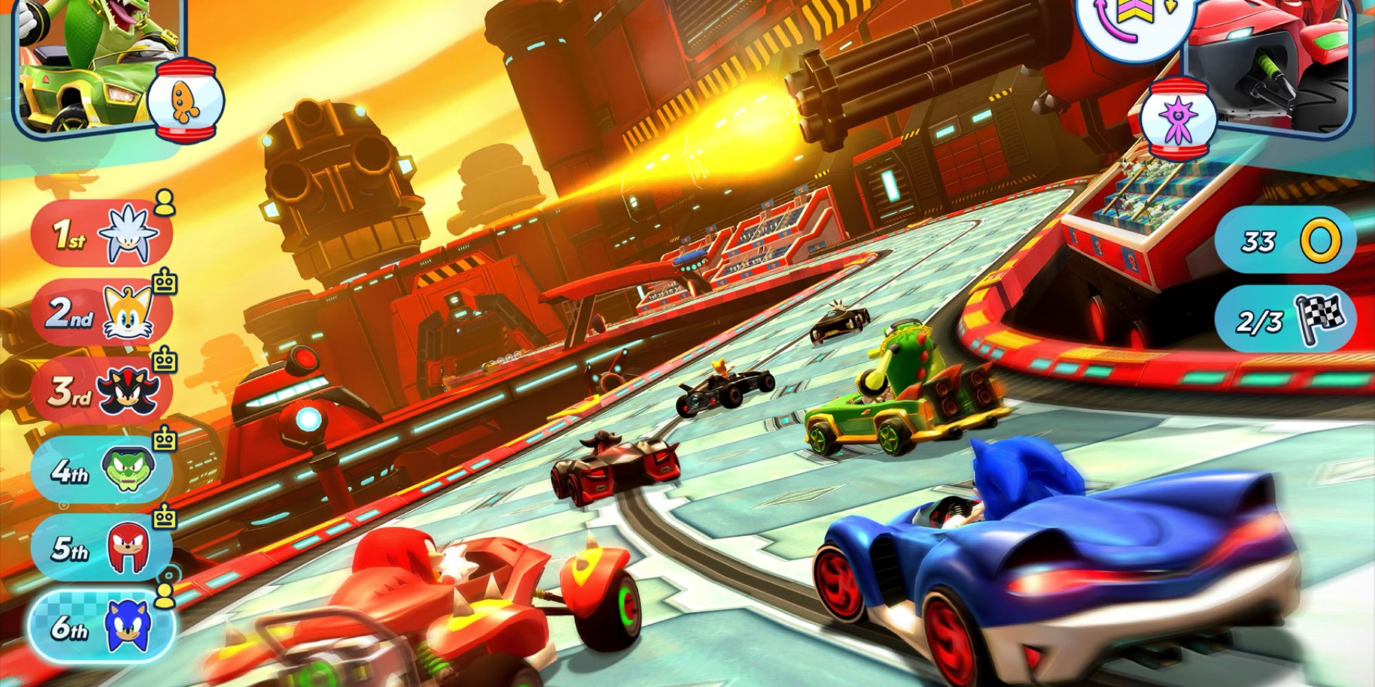 Sonic characters driving racing cars in Sonic Racing multiplayer Apple Arcade game