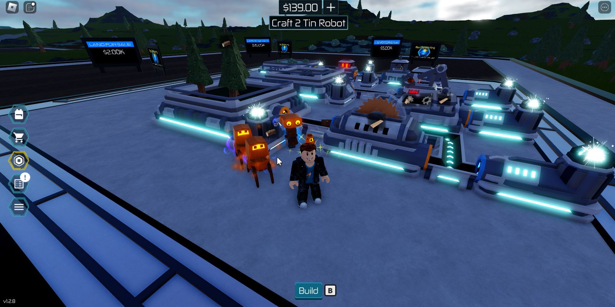 A Roblox character and his four copper robots oversee an expansive factory in Space Industry Simulator.