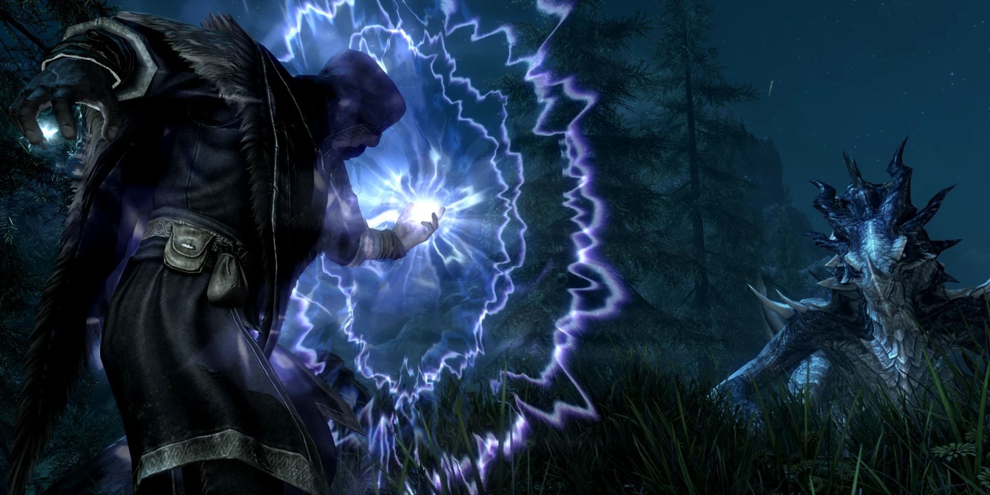 An archmage casts a blue ward brimming with energy to defend against a dragon.