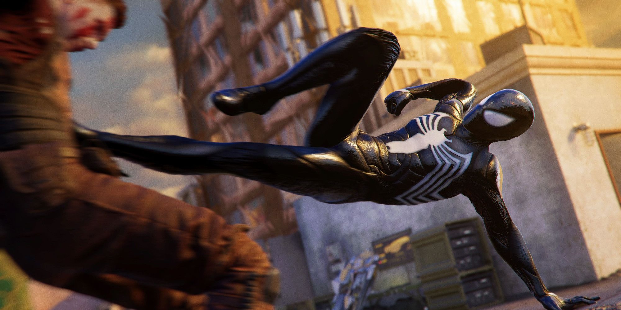 Spider-Man in the Symbiote Suit kicking a bad guy 