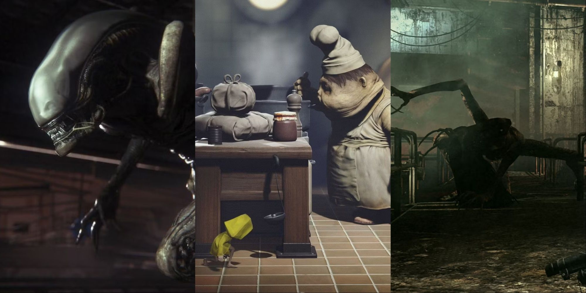 Split image alien isolation AI, little nightmare chef level, the evil within fighting laura-1
