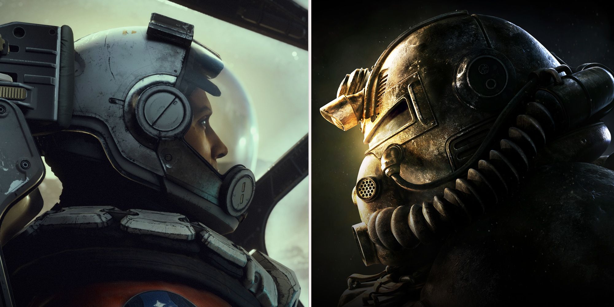 Split image of Starfield astronaut and Fallout power armor