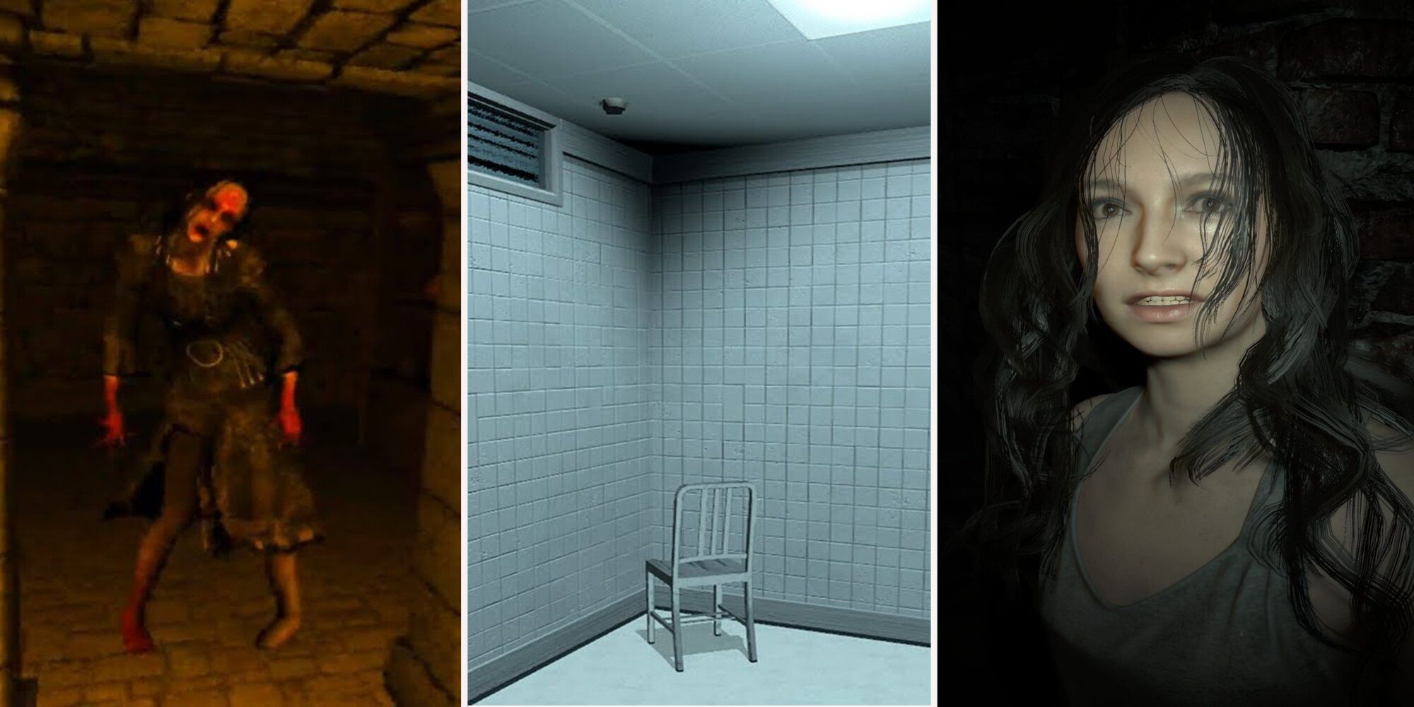Split image of the ghost lady from Dreadhall A chair in a room and Mia from Resident Evil 7