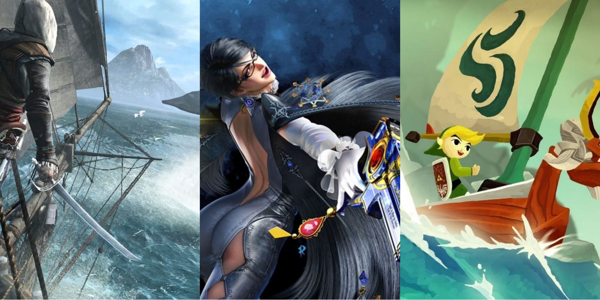 Split images of Assassin's Creed 4 Black Flag, Baynetta 2, and The Wind Waker
