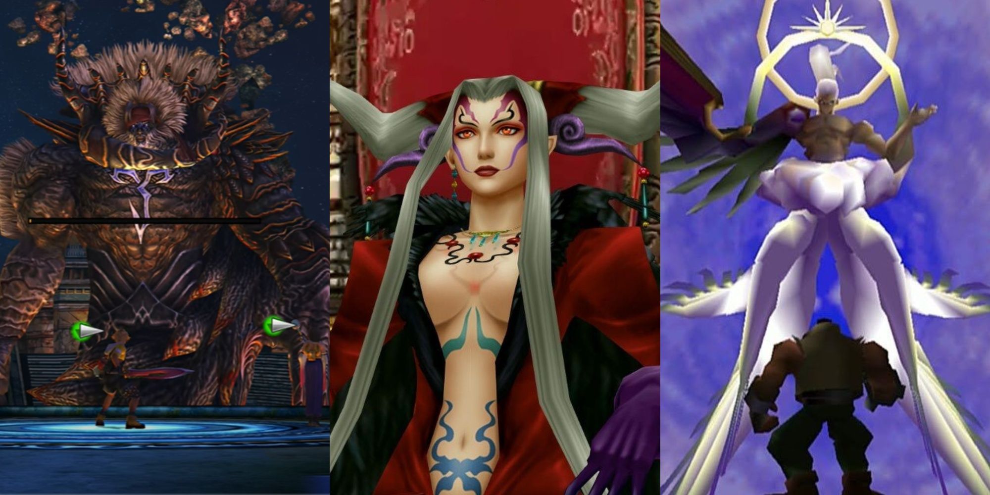 Split images of Braska's Final Aeon in Final Fantasy 10, Ultimecia in Final Fantasy 8, and Safer Sephiroth in Final Fantasy 7