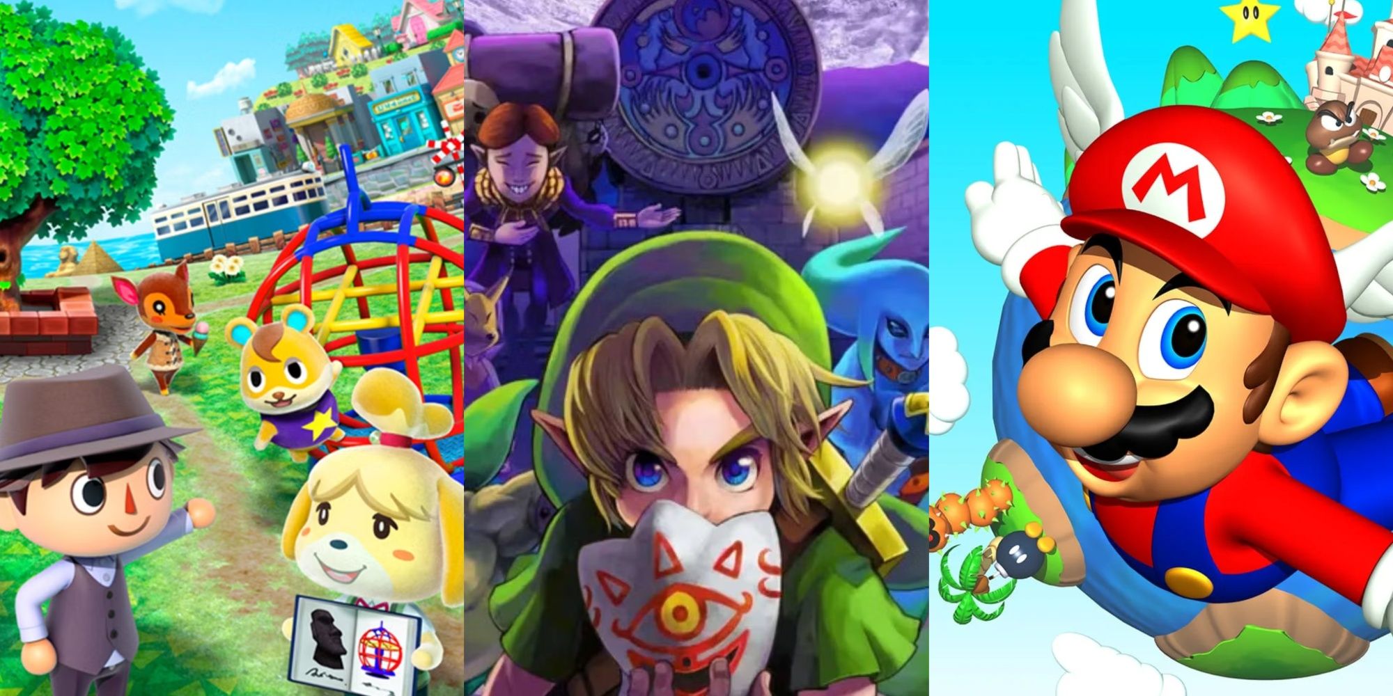 Split images of cover art for Animal Crossing New Leaf, The Legend of Zelda Majora's Mask, and Super Mario 64
