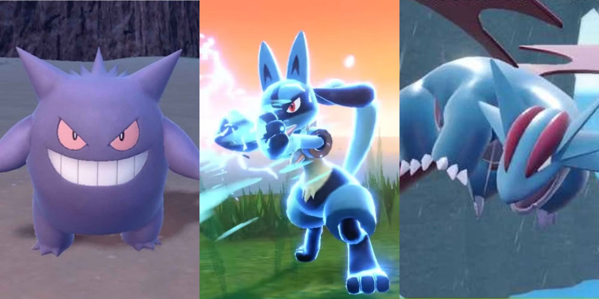Split images of Gengar, Lucario, and Salamence in Pokemon Scarlet and Violet
