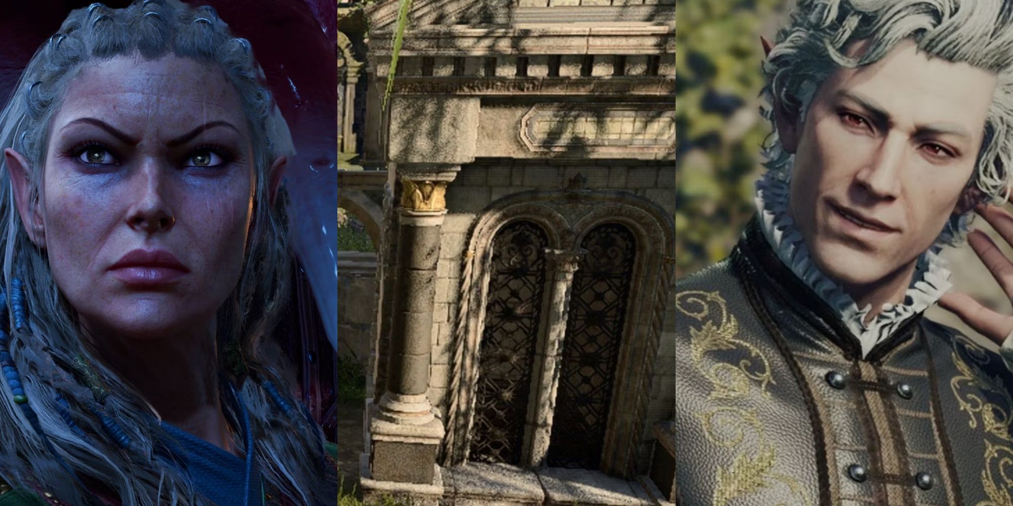 Split images of Jaheira, Gorion's Masoluem, and Astarion in Baldur’s Gate 3.