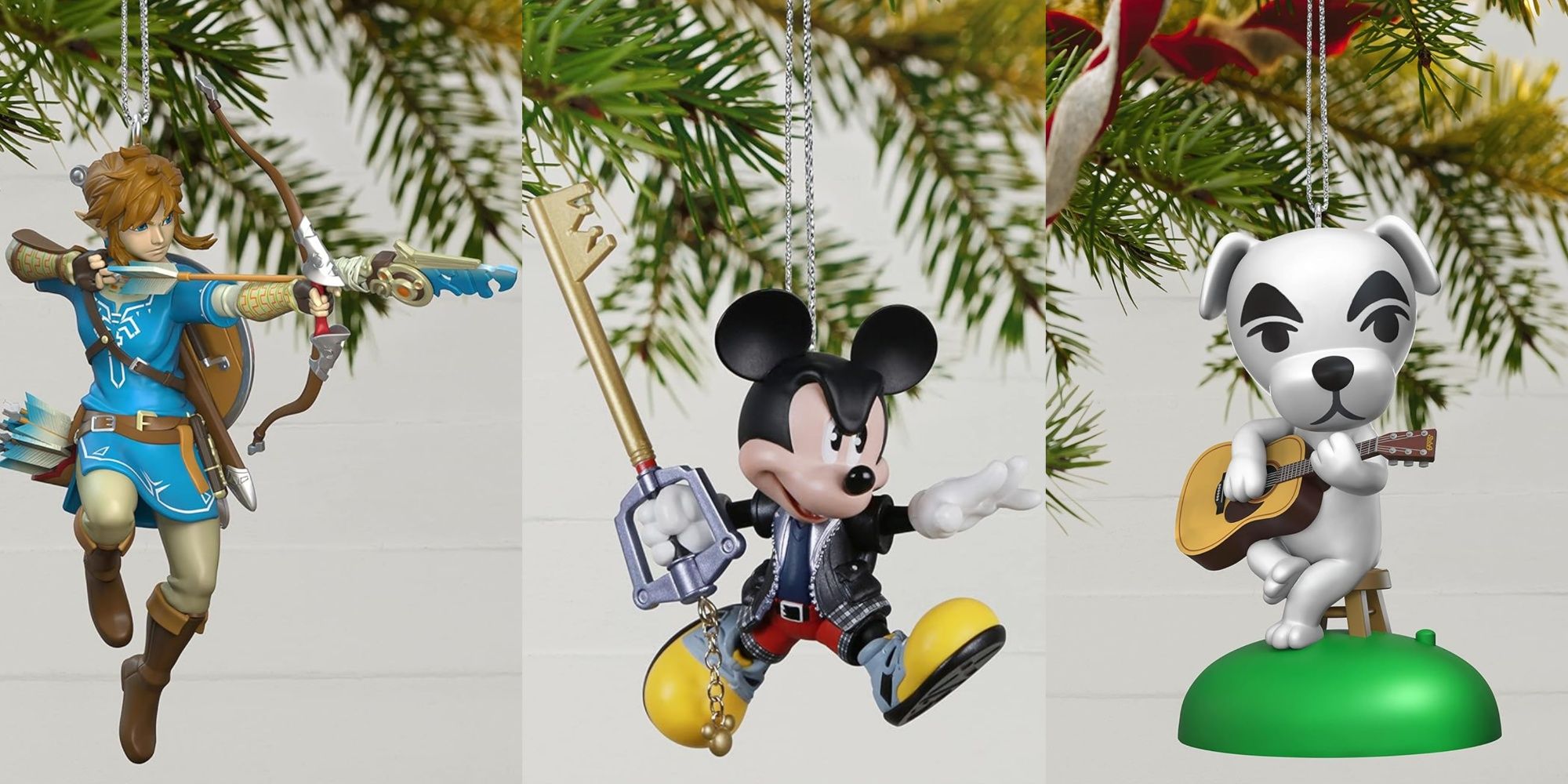 Split images of Link, King Mickey, and KK Slider Hallmark Christmas ornaments