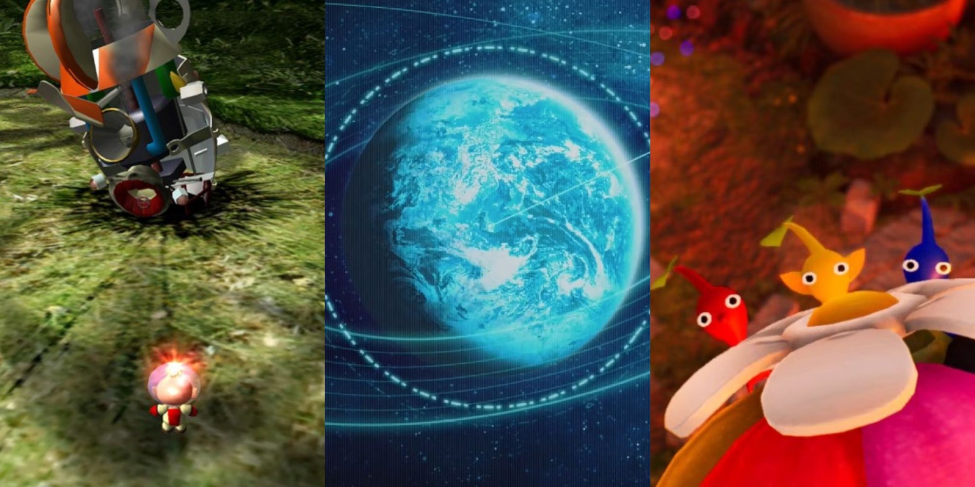Split images of Olimar and his ship, the planet  PNF-404, and Pikmin on a flower.