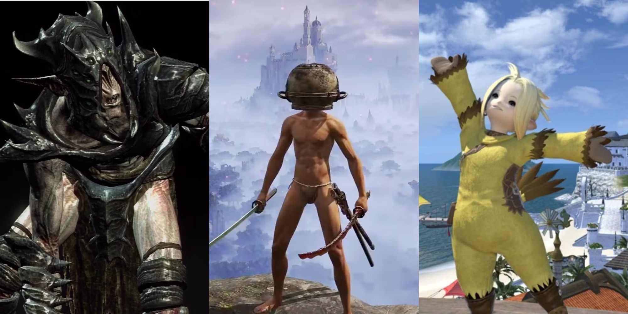Split images of the Falmer armor in Skyrim, the jar helm in Elden Ring, and the chocobo armor in Final Fantasy