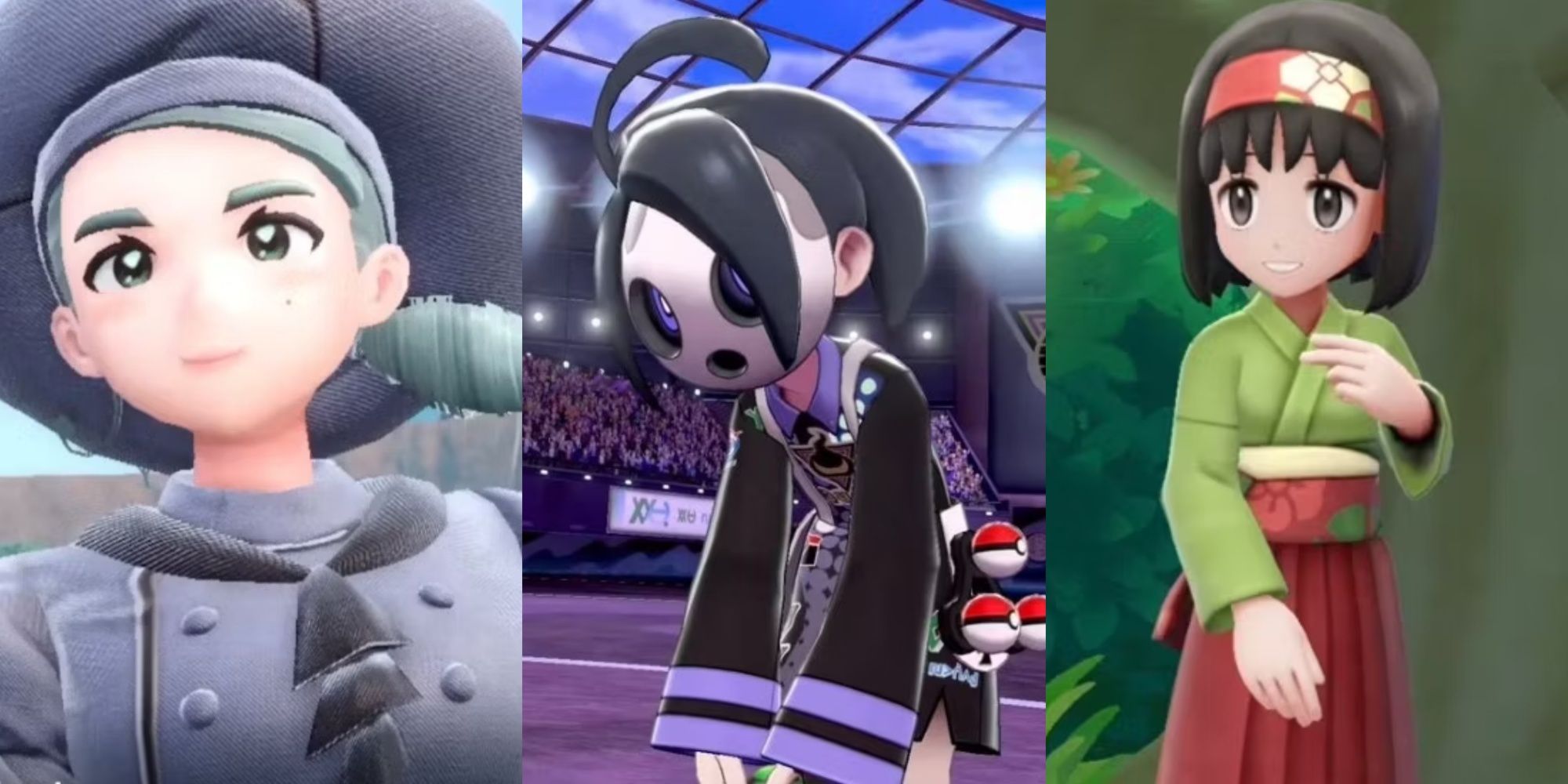 Split images of the Pokemon gym leaders Katy, Allister, and Erika