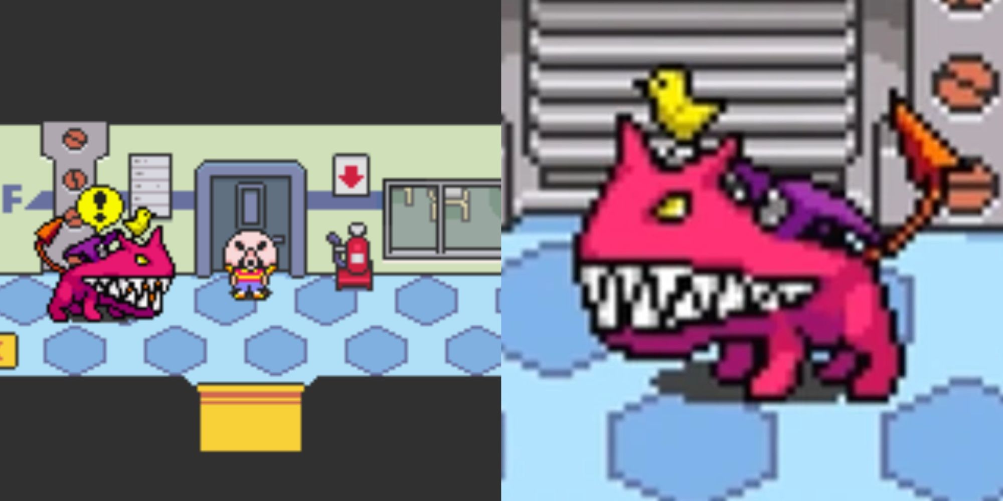 Split images of the Ultimate Chimera and Lucas and a close up of the Ultimate Chimera in Mother 3