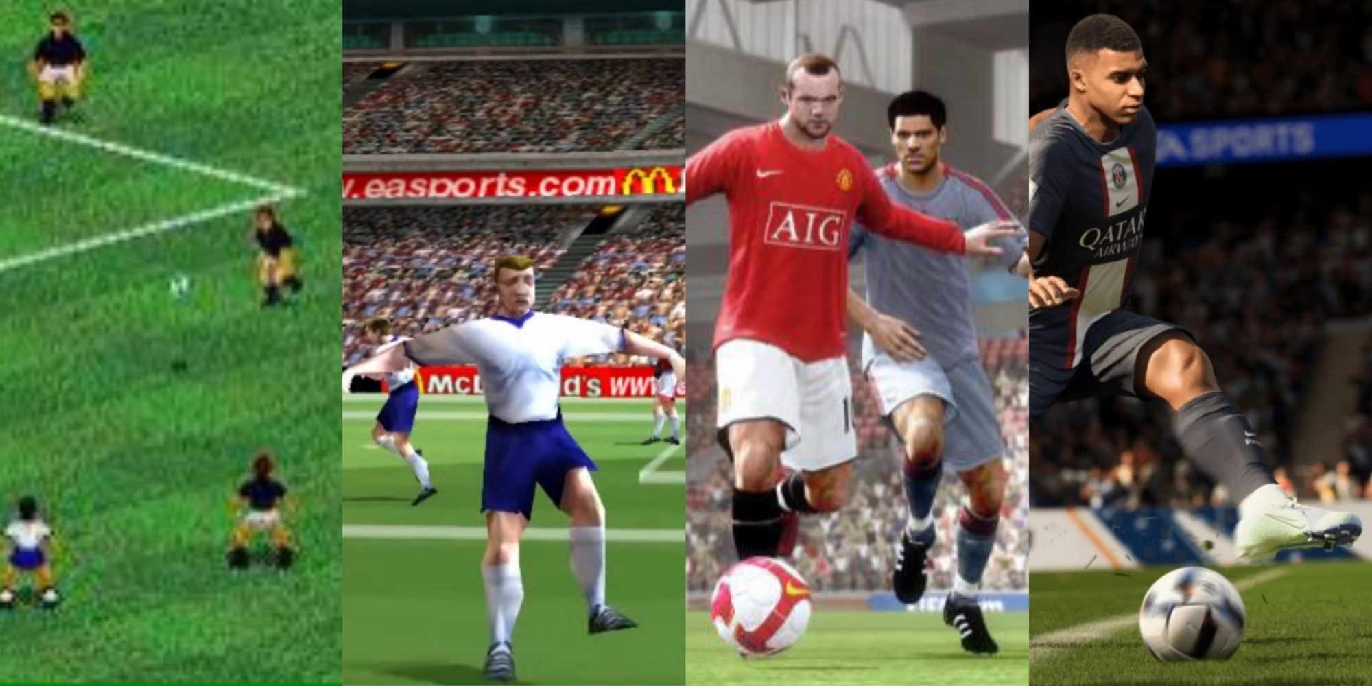 Split images of various players on football pitches in FIFA games
