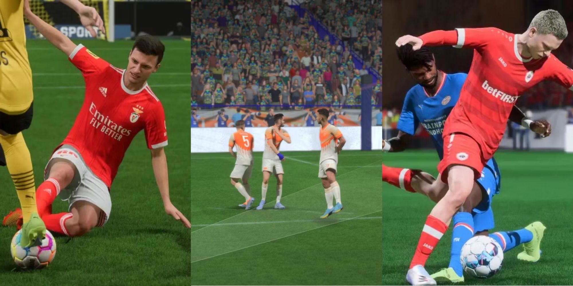Split images of various players on the pitch in FIFA 23