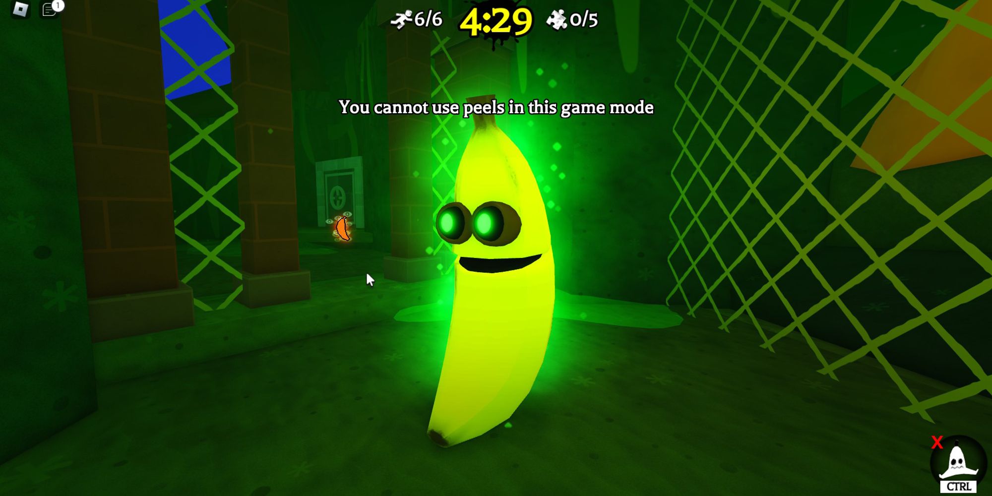 A spooky, glowing Banana stalks its prey in an industrial maze during a round of Banana Eats.