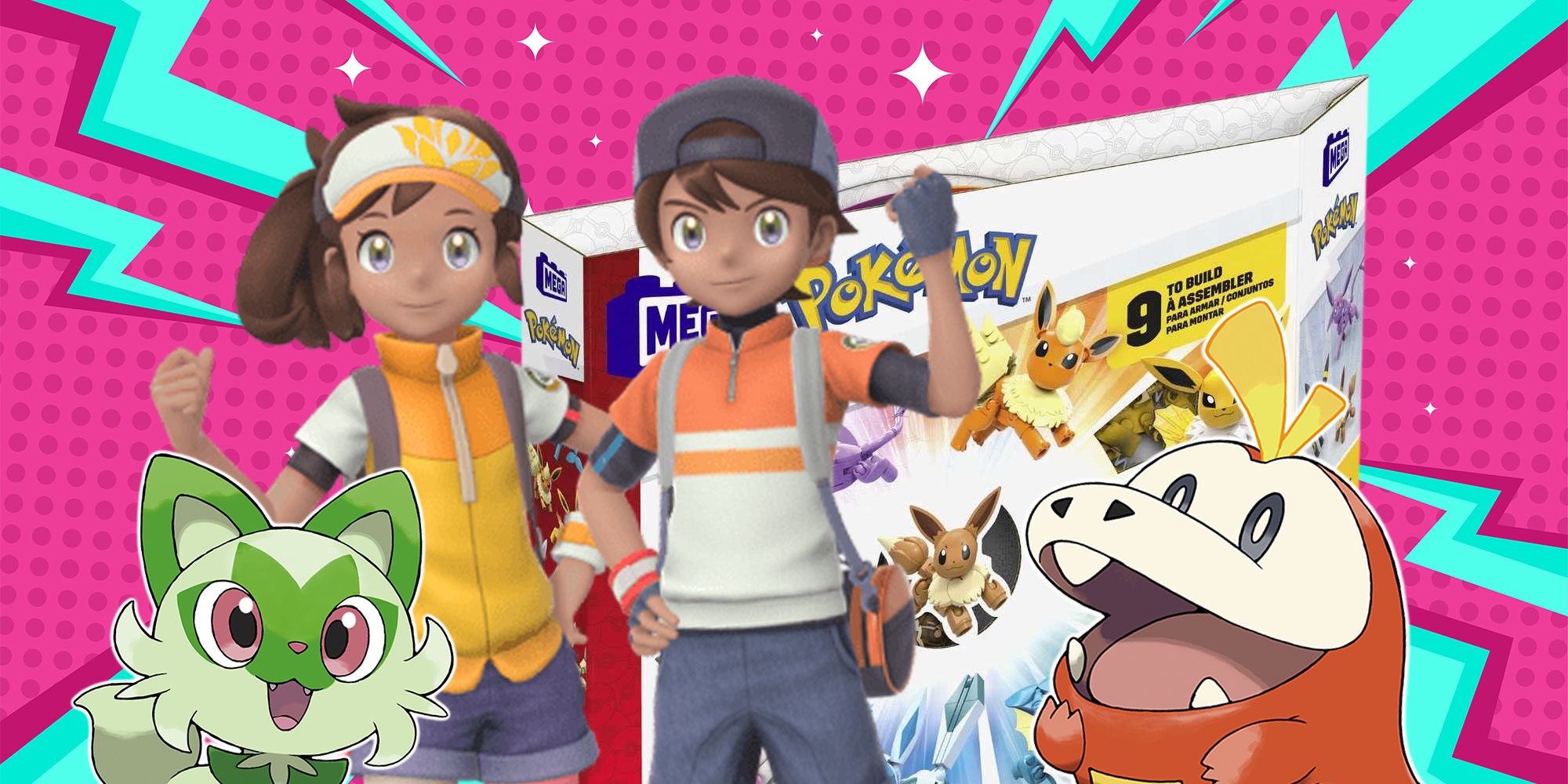 sprigatito, fuecoco, and scarlet and violet trainers standing in front of a mega eevee evoluion set