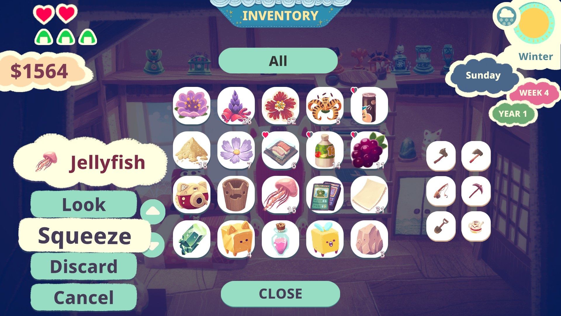 Squeezing a jellyfish from your inventory in Mineko's Night Market.