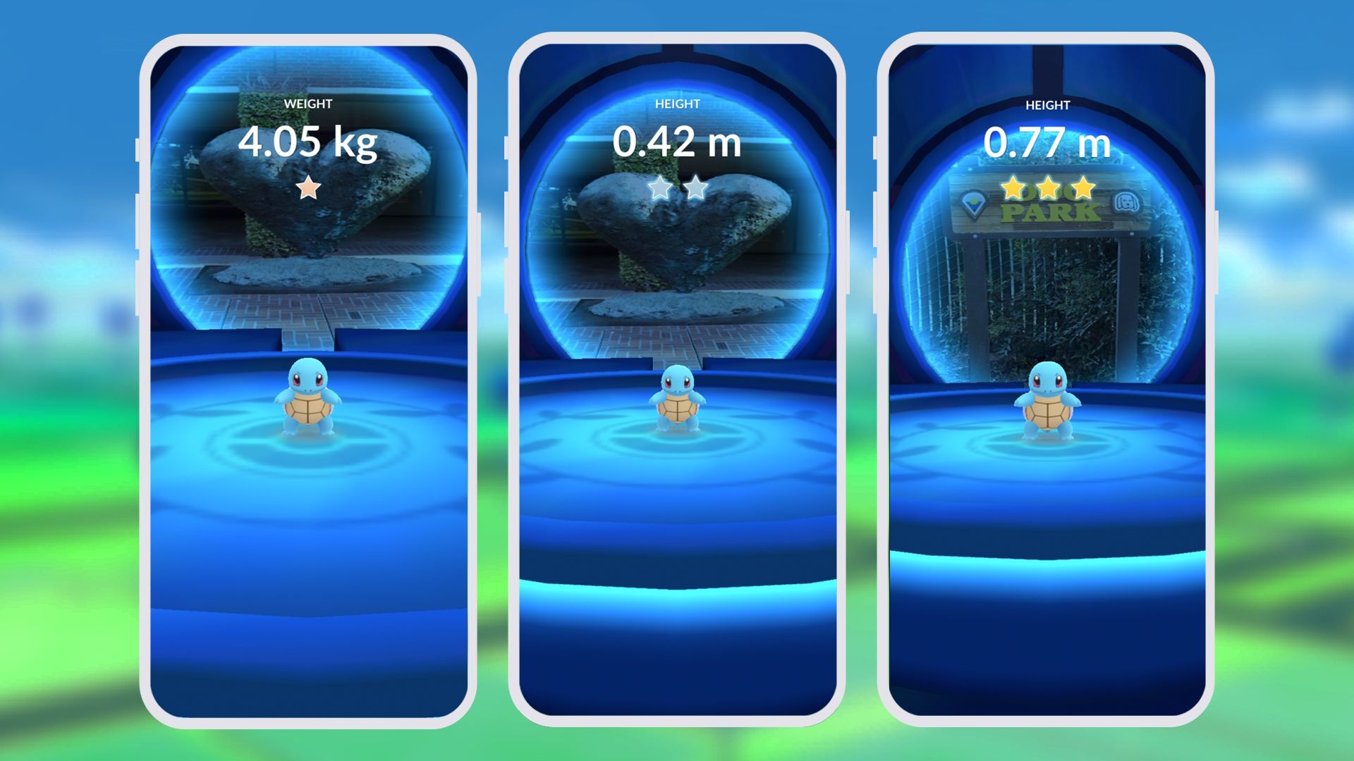 Three phone screens side by side, each with a Squirtle entered into a Pokemon Showcase